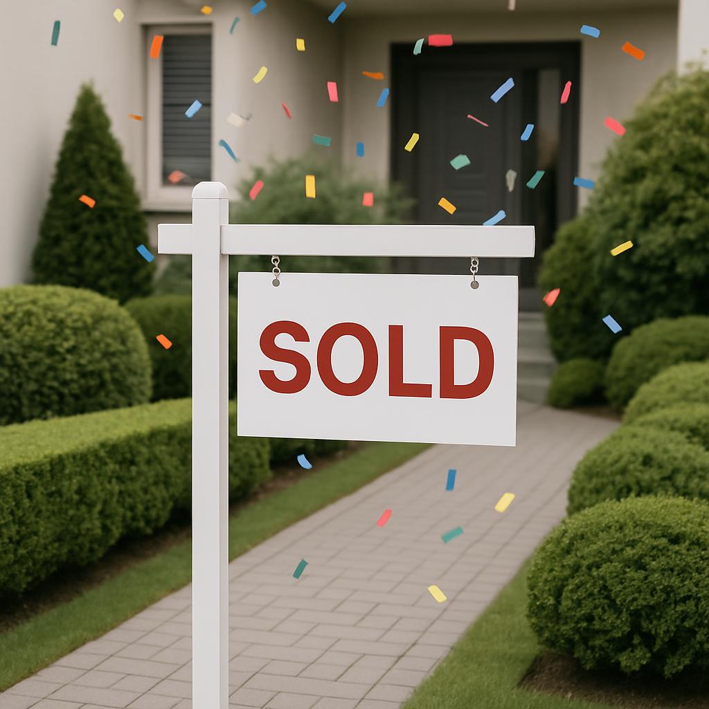Una fotografía de decorado externo a un lote habitable con un signo vendido.
